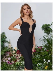 Elegantes schwarzes figurbetontes Bandagekleid mit transparentem V-Ausschnitt und Trägern