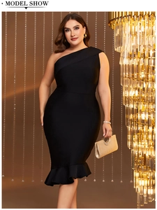 Detail of plus size black one-shoulder evening dress with elegant ruffle hem and slim fit
