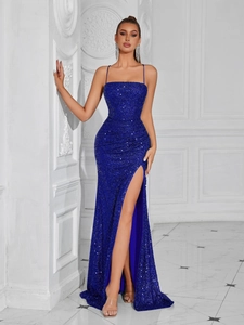 Women Elegant Sequin Evening Dress Sexy Spaghetti Strap Backless Maxi Gown High Slit Bodycon Banquet Party Formal Dress