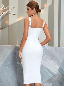Detailed back view of white bandage dress showing slim fit and hidden back zipper