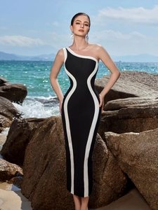 Elegant one-shoulder black and white bandage midi dress with bodycon fit and cutout back