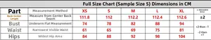 Guide des tailles pour robe bandage dos nu avec décor floral, dimensions de XS à XL