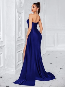 Elegant navy blue backless evening dress with high slit and long flowing train