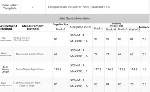 Detailed size chart for the off-shoulder dress showing measurements in centimeters