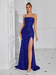 Elegant royal blue sequin evening dress with slim straps and sexy high slit floor length