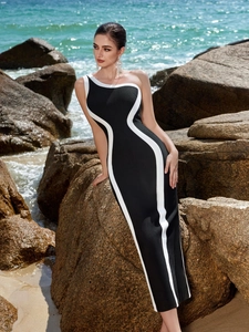 Elegant one-shoulder black and white bodycon evening gown with wavy stripe and open back
