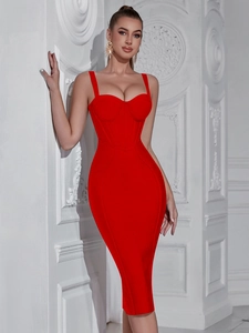 Detail of red corset style bandage dress with elegant stitching and slim fit design