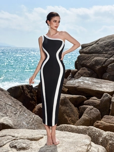 Women's One Shoulder Black White Colorblock Bandage Dress Sexy Backless Slim Fit Bodycon Midi Party Evening Gown