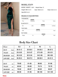 Guide des tailles détaillé pour robe de soirée dos nu vert foncé avec mesures buste et taille