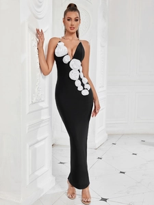 Women Elegant 3D Rose Flower Patchwork Backless Evening Dress Artificial Pearl Straps Sexy Slim Fit Slit Maxi Party Long Dress