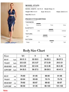 Women's 2-piece set body size chart showing bust, waist and hip measurements in cm and inches