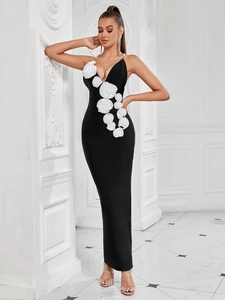 Elegant black bodycon dress with 3D white fabric roses and pearl straps featuring back slit