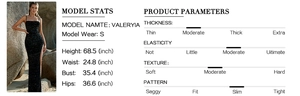 Size chart showing model measurements and product attributes for sequined split evening dress