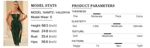 Size chart and details of the dark green sequined slim evening dress with side slit
