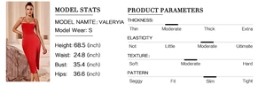 Detailed chart showing slim fit red dress model statistics and physical fabric parameters