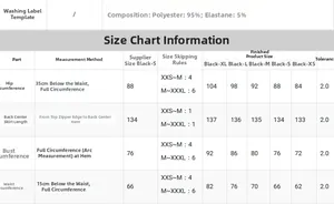 Detailed size chart for the backless evening dress with bust and waist measurements