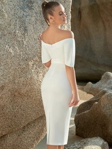 Detail of elegant white off-shoulder satin dress featuring a sleek back hidden zipper