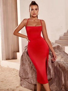 Elegant red satin spaghetti strap dress with bodycon fishtail cut and high leg slit