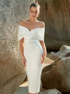 Detail of elegant white off-shoulder dress featuring deep V-neckline and matching square buckle belt