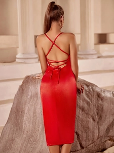 Elegant red backless satin midi dress with cross straps for evening parties and events