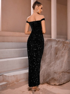 Elegant black velvet sequin evening gown with high slit and backless slim fit design