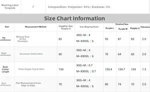 Size chart showing hip, waist, and bust measurements for the purple satin dress