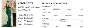 Guide des tailles détaillé pour robe de soirée dos nu vert foncé avec mesures du mannequin
