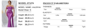 Detailed size guide and model stats for the purple satin off-shoulder mermaid dress