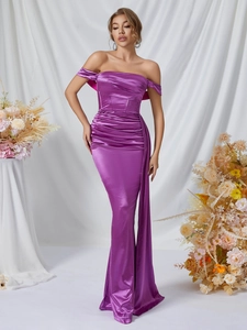 Elegant Purple Satin Off-The-Shoulder Evening Dress Slim Fit Fishtail Party Maxi Gown For Women Prom Wedding Guest Dress