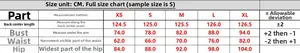 Size chart showing bust, waist, hips and length measurements for elegant evening dress