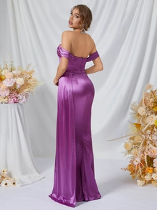 Elegant purple satin off-shoulder evening gown with a slim-fit fishtail silhouette