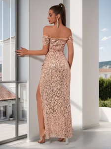 Sleeveless champagne sequin evening gown with high slit and elegant shoulder strap