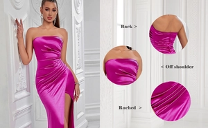 Détails d'une robe en satin fuchsia avec texture froncée, zip au dos et coupe épaules nues