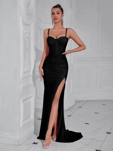 Elegant black corset evening gown with thin straps and a high side slit long dress