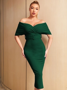 Elegant dark green off-shoulder midi dress with slim fit design and buckle belt for parties