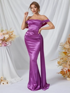 Elegant purple satin off-shoulder mermaid evening dress with draped detail and pleated waist
