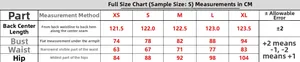 Detailed size guide table for sequin evening dress with measurements in centimeters