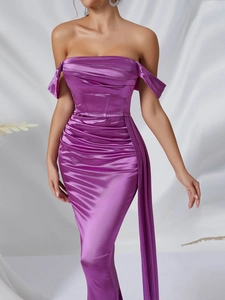 Elegant purple satin off-shoulder evening dress with ruched details and mermaid silhouette