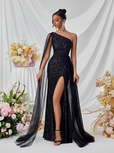 Elegant black sequin one-shoulder evening gown with long tulle cape and high slit design