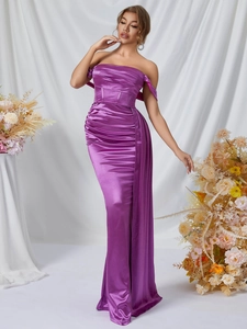 Elegant purple off-shoulder satin mermaid evening gown with ruched bodice and floor length
