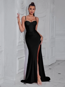 Sexy Black Solid Color High Slit Evening Maxi Dress Elegant Corset Fishbone Spaghetti Strap Prom Party Formal Long Dress