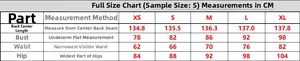 Detailed size guide showing measurements for back length, bust, waist, and hips of the dress