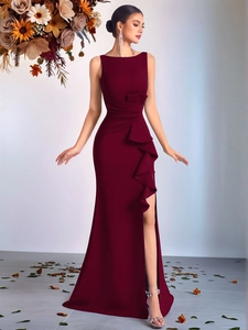 Elegant wine red sleeveless evening dress with ruched waist and side ruffle detail