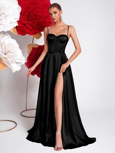 Women's Elegant Satin Corset Maxi Dress Sexy High Slit Backless Lace Up Formal Evening Party Banquet Prom Bodycon Long Dress