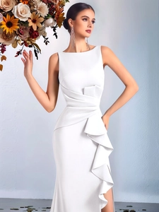 Elegant sleeveless white bodycon dress with structured waist pleats and ruffle detail