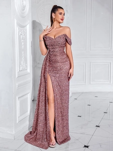 Robe Longue Élégante à Paillettes Sans Bretelles pour Femmes Robe de Soirée Sirène Luxueuse avec Fente Haute pour Mariage et Fête
