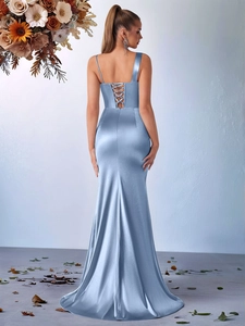 Light blue satin one shoulder evening dress with elegant lace-up back design