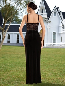 Slim fit black evening dress with lace patchwork back and elegant velvet fabric