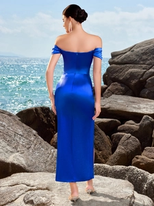 Elegant off-shoulder slim-fit satin long dress in navy blue for evening party or vacation
