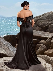 Elegant off-shoulder black satin mermaid evening gown with corset back and lace detail